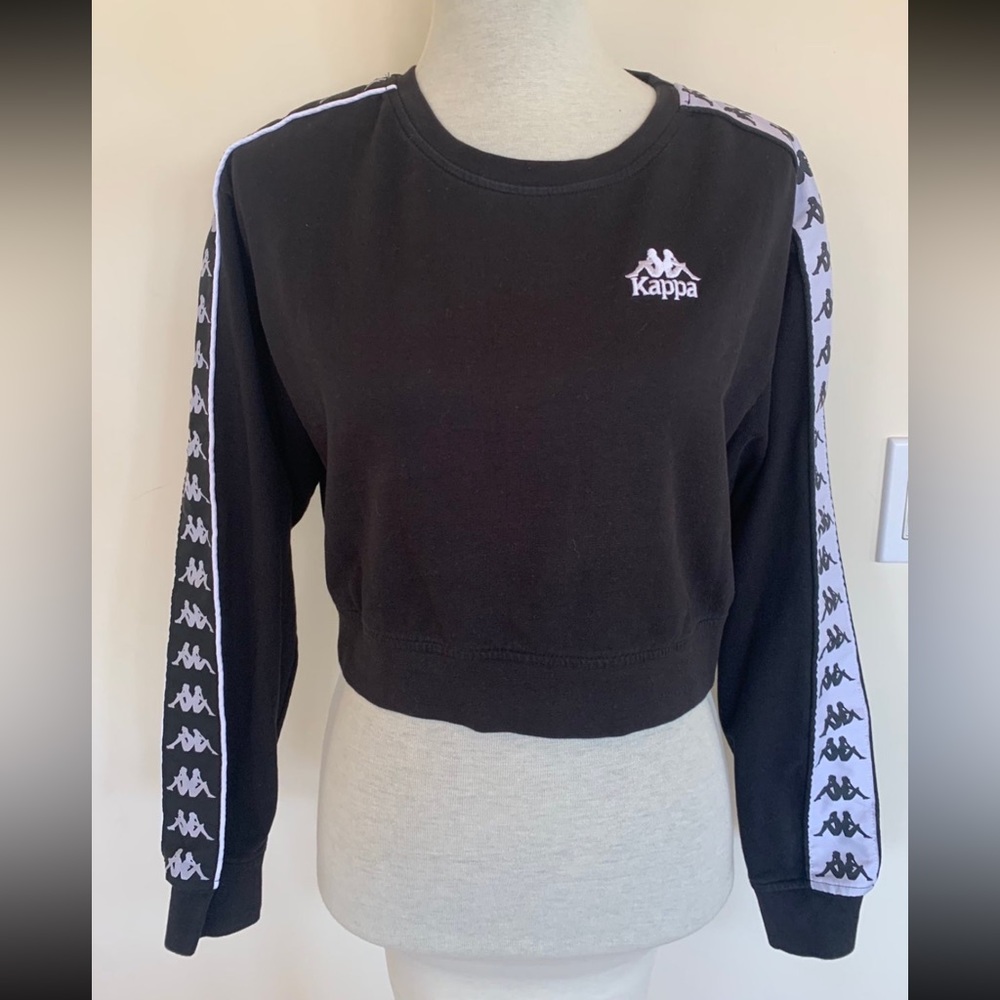 KAPPA Womens Junior Girls Black White Logo Jumper Cropped Top Sweatshirt Sz L